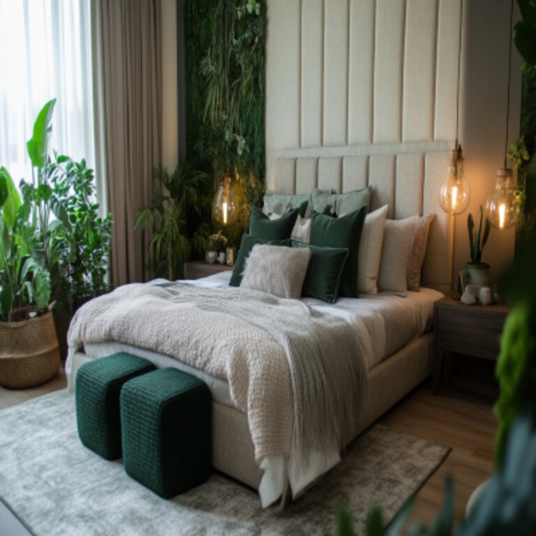 Contemporary Forest-Themed Master Bedroom Design with Boucle Bed