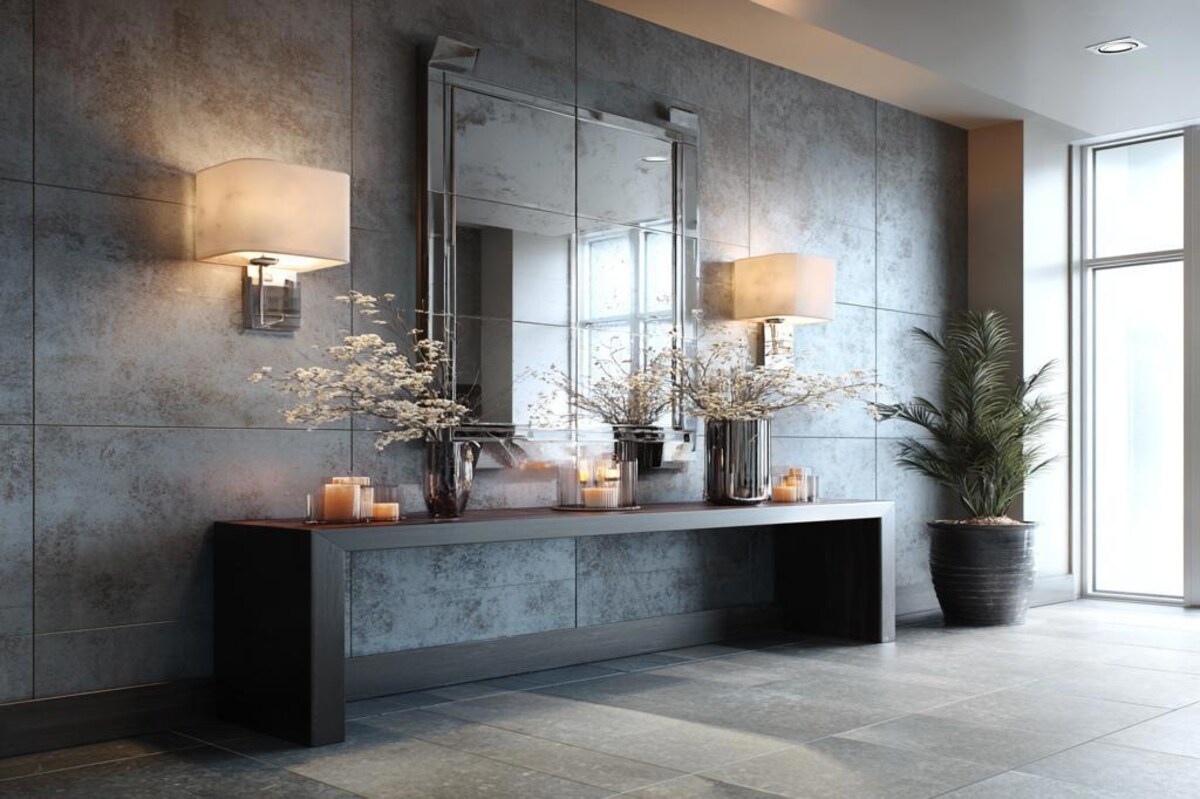 Contemporary Foyer Wall Design With Grey Textured Wall Paint And Mirrored Panels