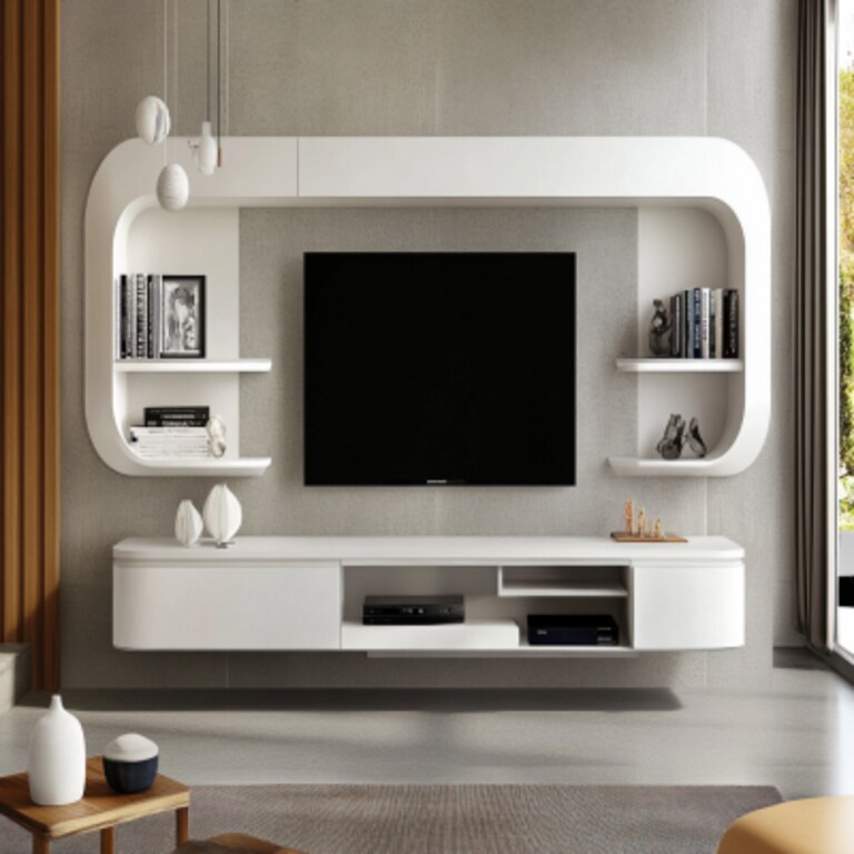 Contemporary Frosty White Wall Mount TV Unit Design with Open Racks and Drawer Storage