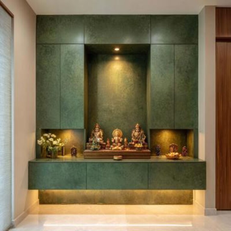 Contemporary Green Wall Mounted Pooja Design with Textured Backdrop and LED Lighting Contemporary Green Wall Mounted Pooja Design with Textured Backdrop and LED Lighting