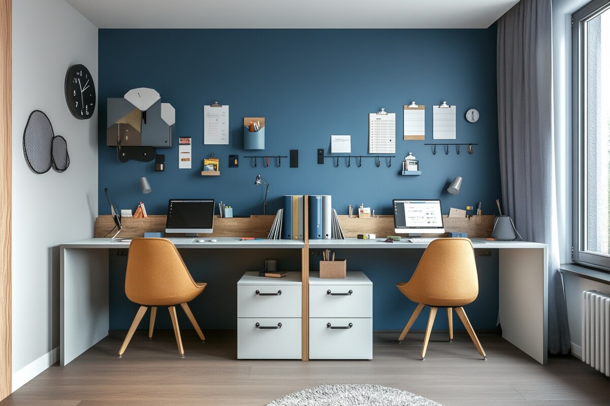 Contemporary Grey And Blue Study Room Design For Two