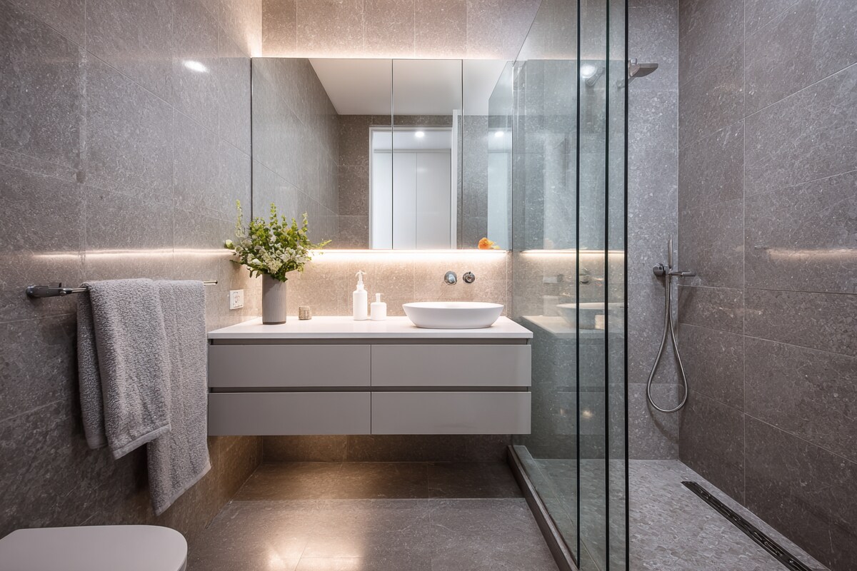 Contemporary Grey Bathroom Design With Glass Partition Contemporary Grey Bathroom Design With Glass Partition