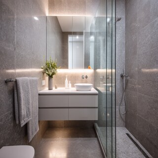 Contemporary Grey Bathroom Design With Glass Partition