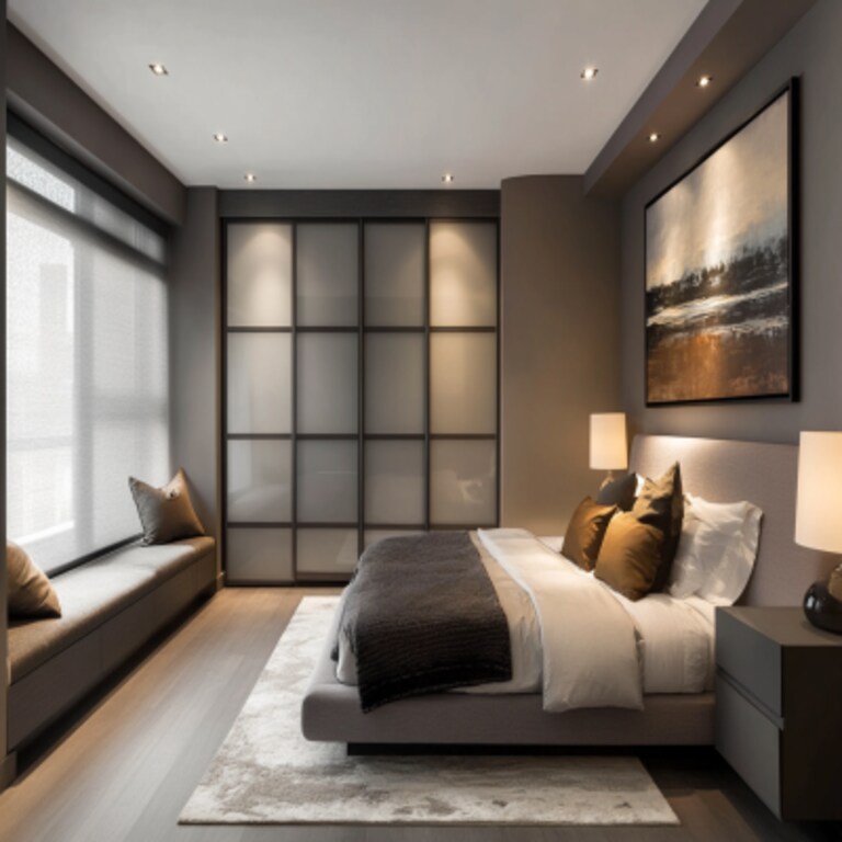 Contemporary Grey Master Bedroom with 4-Door Frosted Shutter Sliding Wardrobe