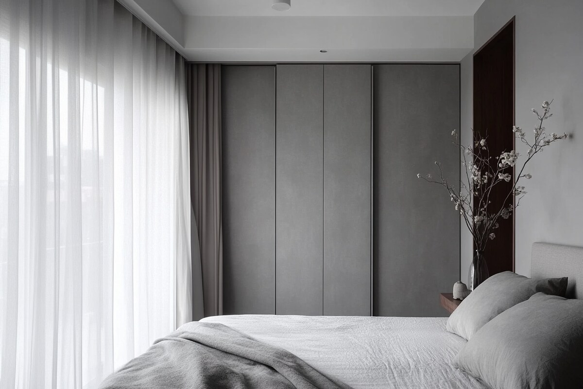Contemporary Grey Sliding Wardrobe Design with Suede Finish Laminate