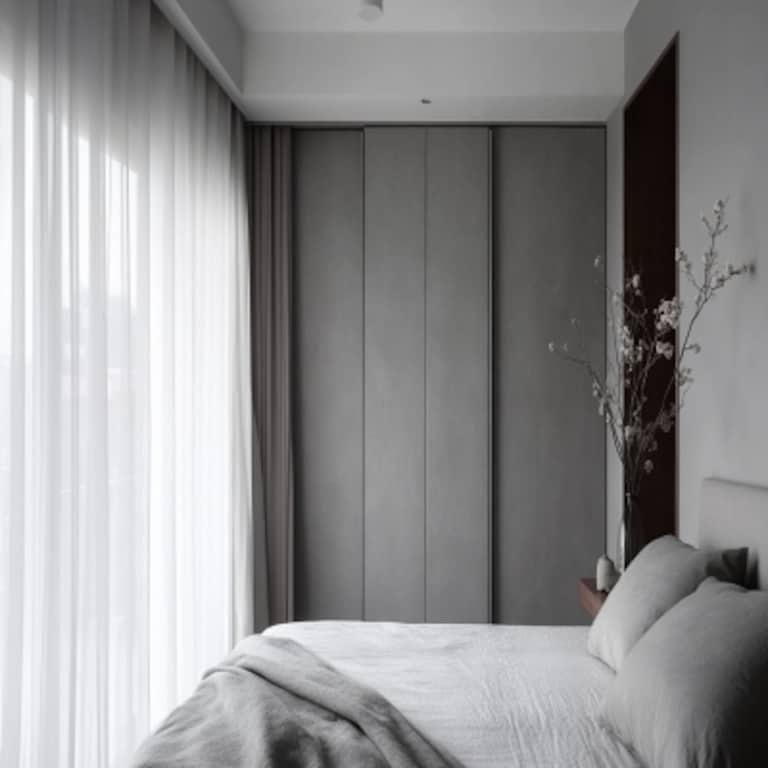 Contemporary Grey Sliding Wardrobe Design with Suede Finish Laminate