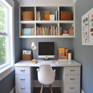 Contemporary Grey Study Room Design With Open Shelves For Storage