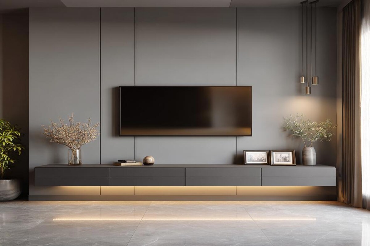 Contemporary Grey TV Unit Design with Floating Storage Console