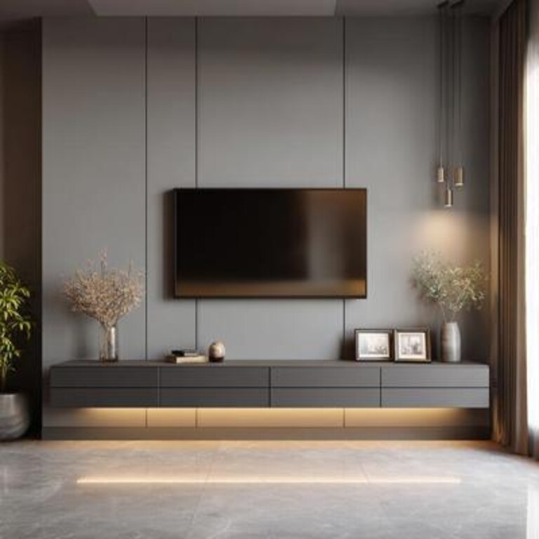 Contemporary Grey TV Unit Design with Floating Storage Console Contemporary Grey TV Unit Design with Floating Storage Console