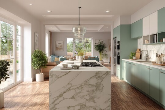 Contemporary Island Kitchen Design in Green and White Hues