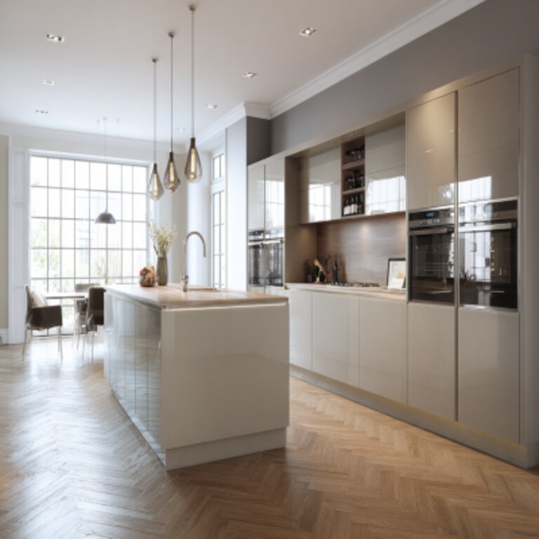 Contemporary Island Kitchen Design with High Gloss Finish Units