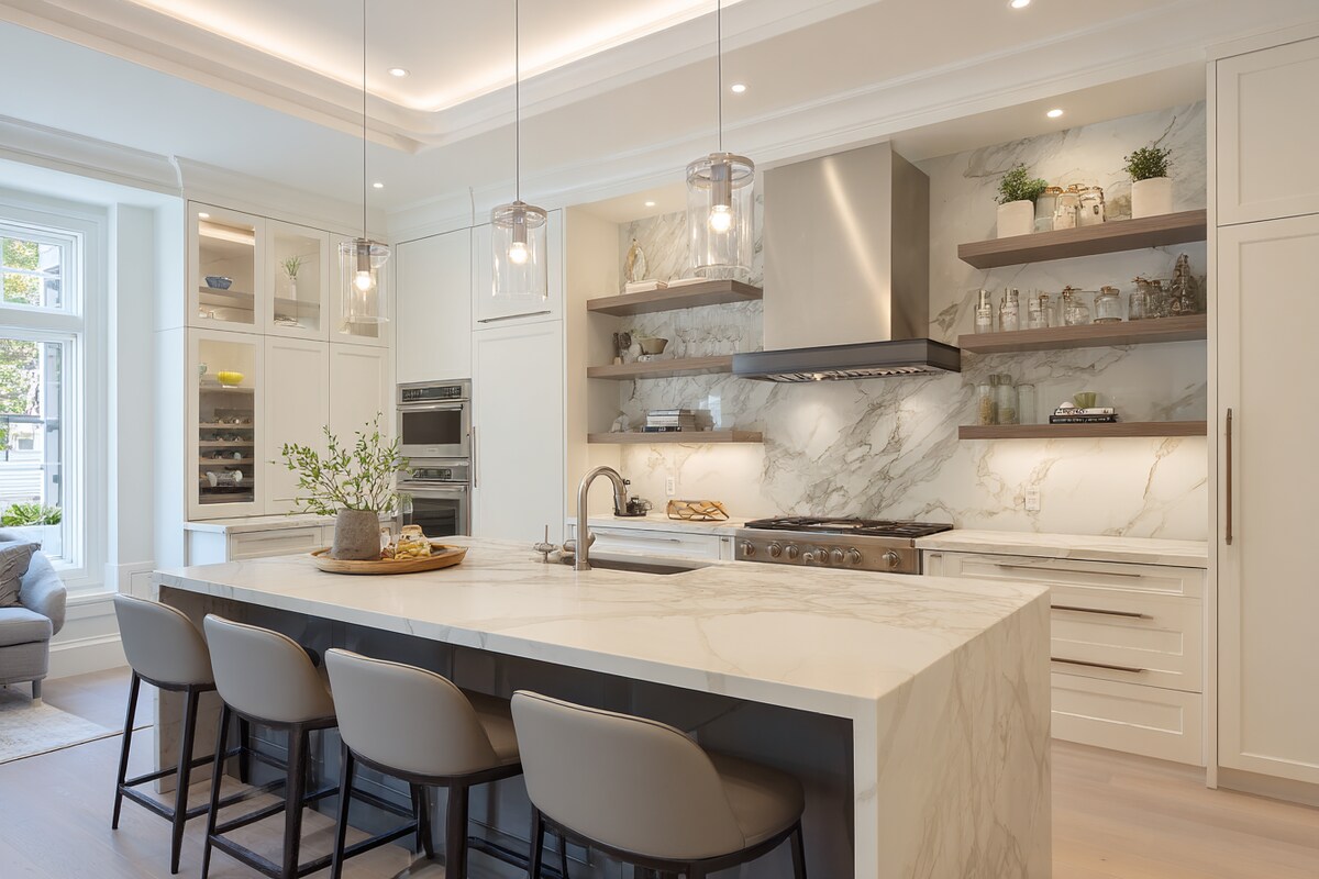 Contemporary Island Kitchen Design with Quartz Countertop, Open Shelves and Marble Backsplash Contemporary Island Kitchen Design with Quartz Countertop, Open Shelves and Marble Backsplash