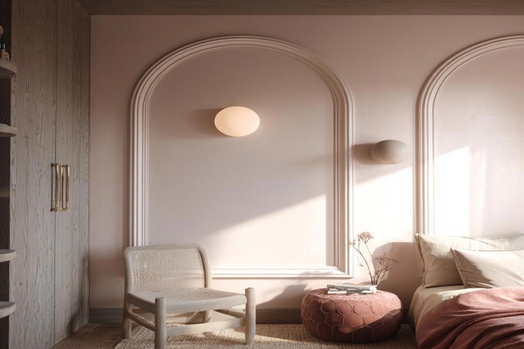 Contemporary Kids Bedroom Wall Paint Design in Light Pink with Arch Panels