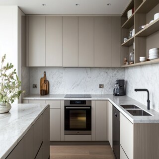 Contemporary L-Shaped Kitchen Design in Shore with Marble Countertops