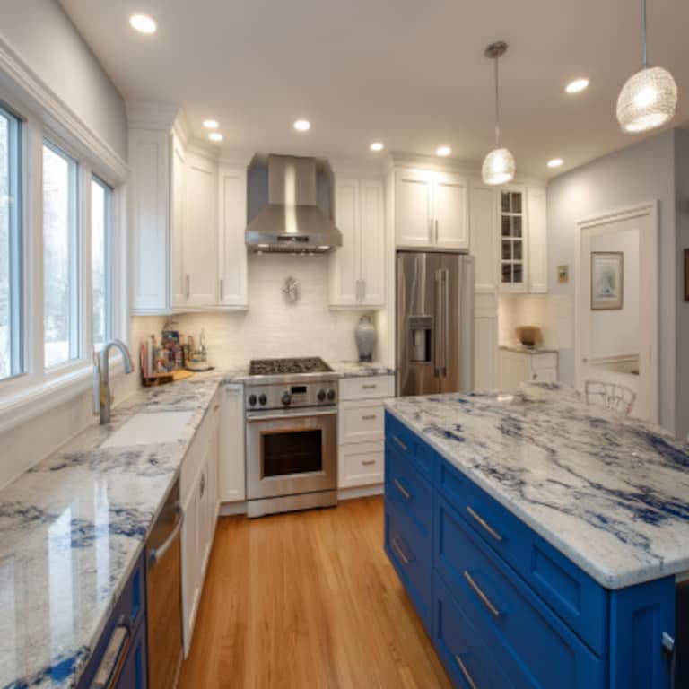 Contemporary L-Shaped Kitchen Design with Blue and White Cabinets and Granite Countertop