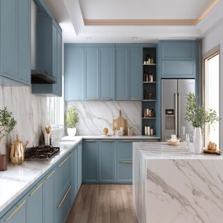 Contemporary L-Shaped Kitchen Design with Celestial Blue Cabinets and Marble Countertop
