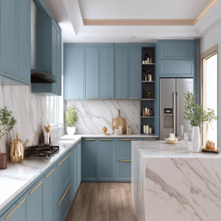 Contemporary L-Shaped Kitchen Design with Celestial Blue Cabinets and Marble Countertop
