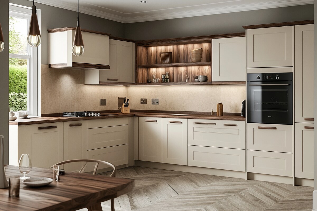Contemporary L-Shaped Kitchen Design with Cream and Walnut Accents