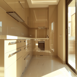 Modern L-Shaped Kitchen Design with Marble Backsplash and Glass Cabinets