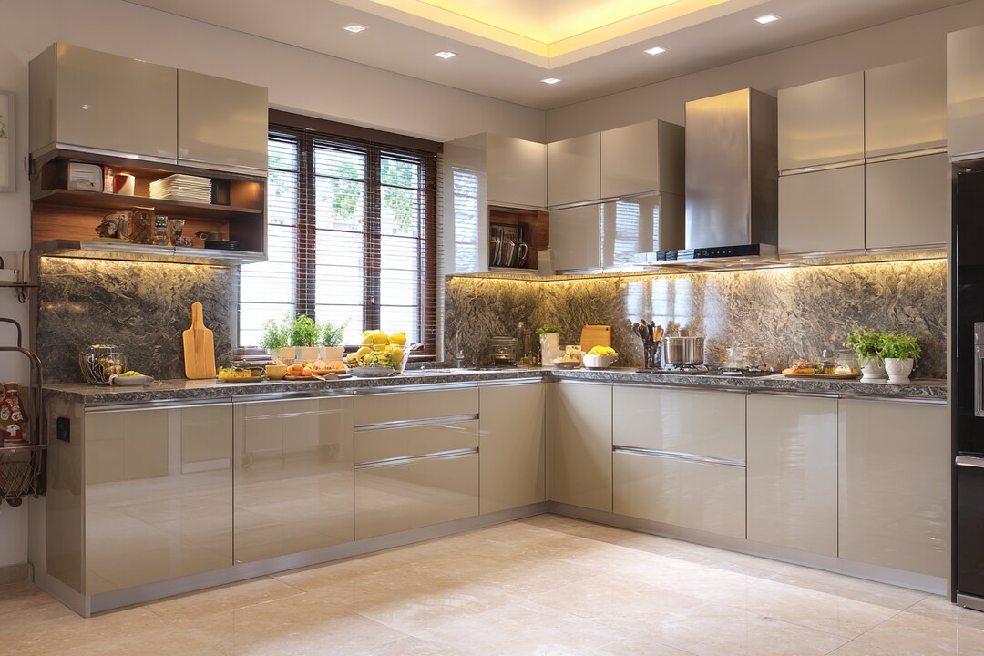 Contemporary L Shaped Kitchen Design with Granite Countertops and High ...