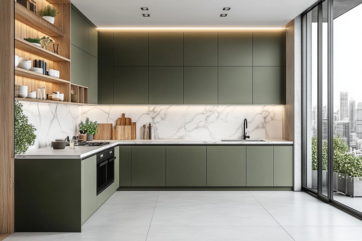 Contemporary L-Shaped Kitchen Design With Green Cabinets and Marble Top Contemporary L-Shaped Kitchen Design With Green Cabinets and Marble Top