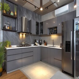 Modern High Gloss U-Shaped Kitchen Design in Black With Marble Accents