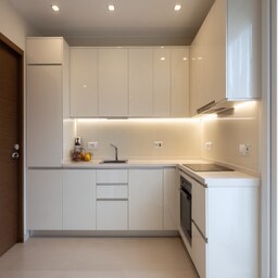 Modern Blue and White L Shape Kitchen Design with Glass Cabinets