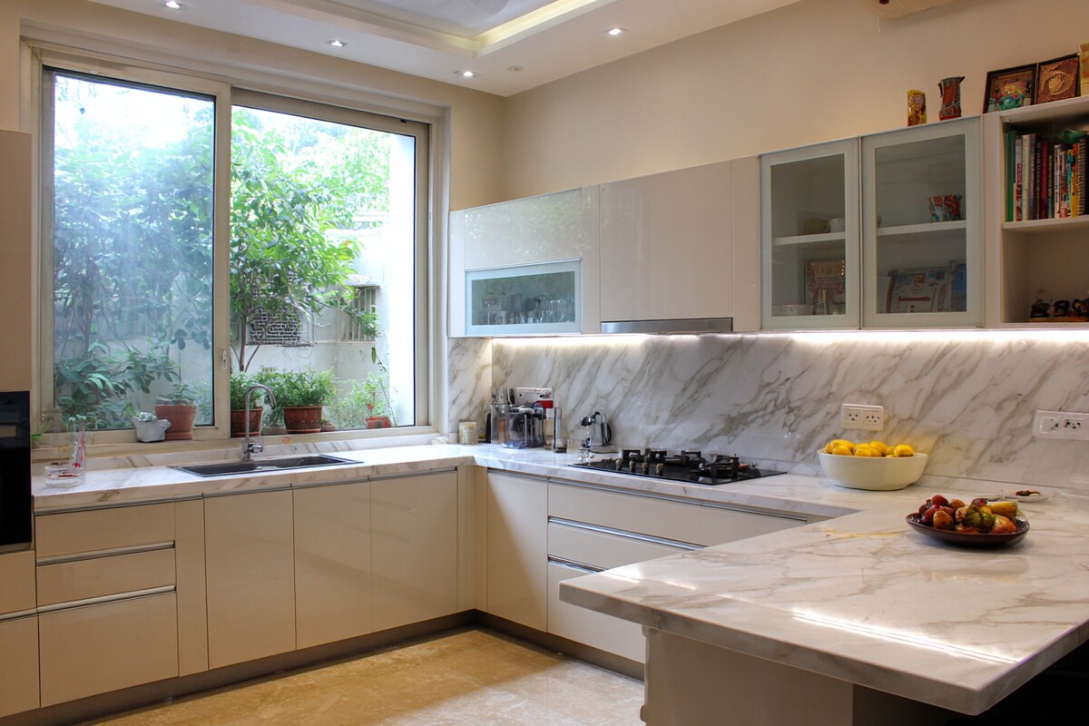 Contemporary L-Shaped Kitchen Design with Marble Countertop Contemporary L-Shaped Kitchen Design with Marble Countertop