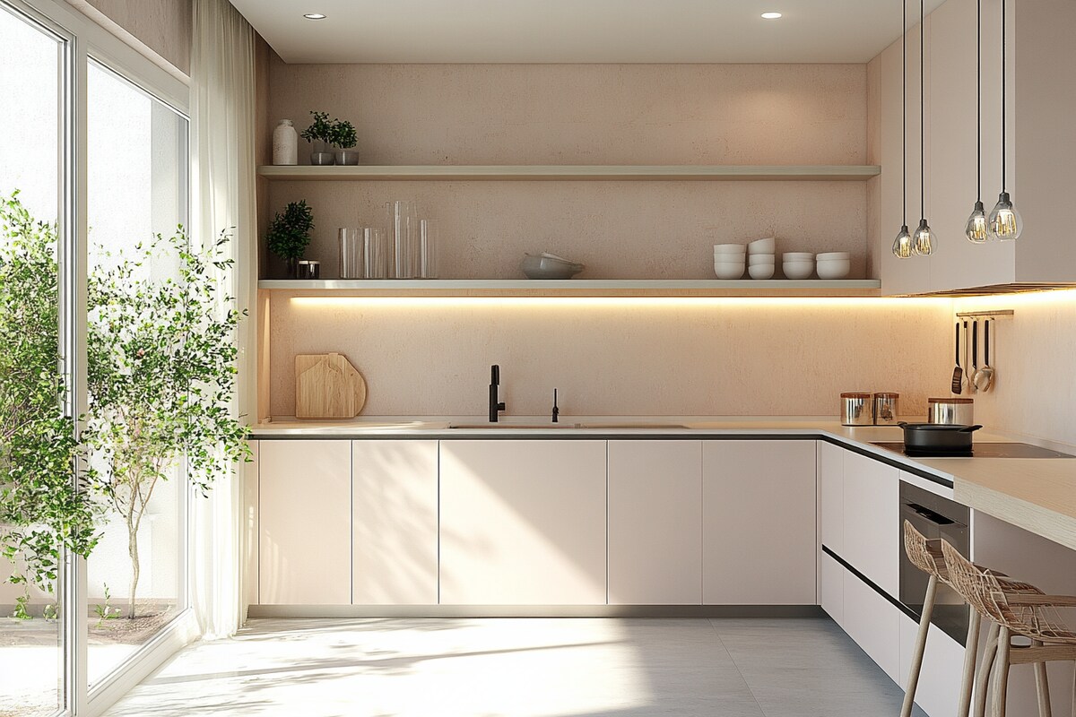 Contemporary L-Shaped Kitchen Design with Soft Palette and Glass Shelves Contemporary L-Shaped Kitchen Design with Soft Palette and Glass Shelves
