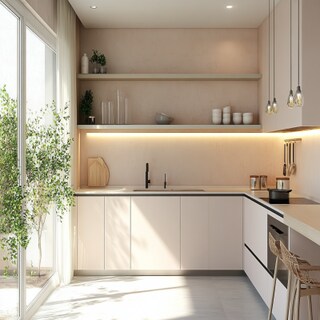 Contemporary L-Shaped Kitchen Design with Soft Palette and Glass Shelves