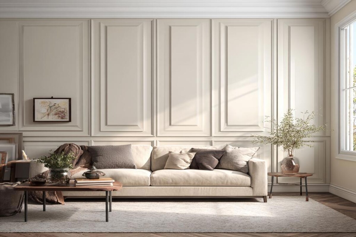 Contemporary Light Beige Wall Paint Design with Classic Rectangular Mouldings