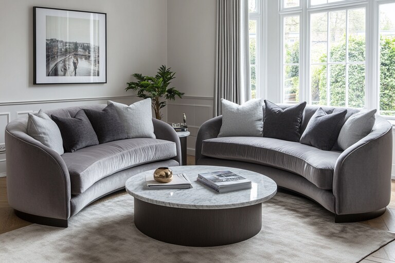 Contemporary Living Room Design with Curved Sofas and Marble Coffee Table