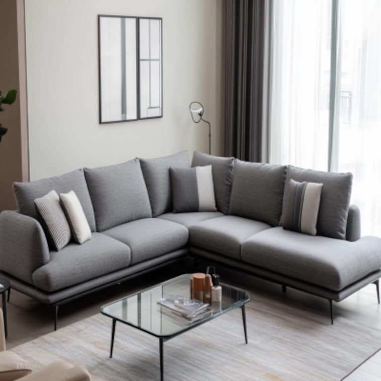 Contemporary Living Room Design with L-Shaped Grey Sofa and Glass Table