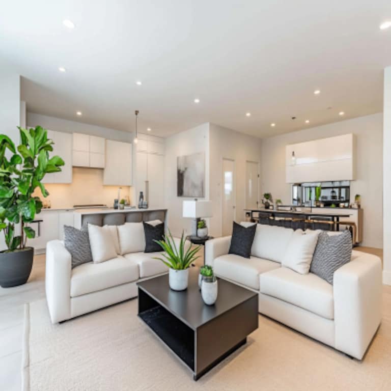 Contemporary Living Room Design with White Sofas and Black Coffee Table