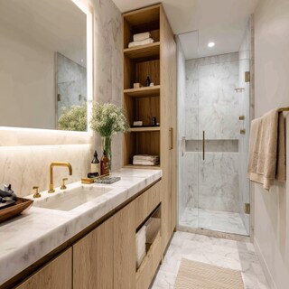 Contemporary Marble Bathroom Design With Wooden Storage