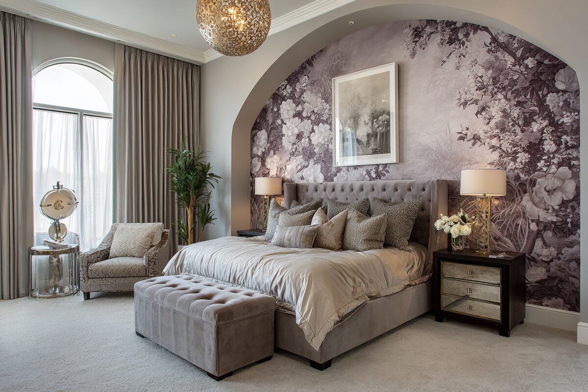 Contemporary Master Bedroom Design With Arched Wall And Floral Wallpaper Contemporary Master Bedroom Design With Arched Wall And Floral Wallpaper