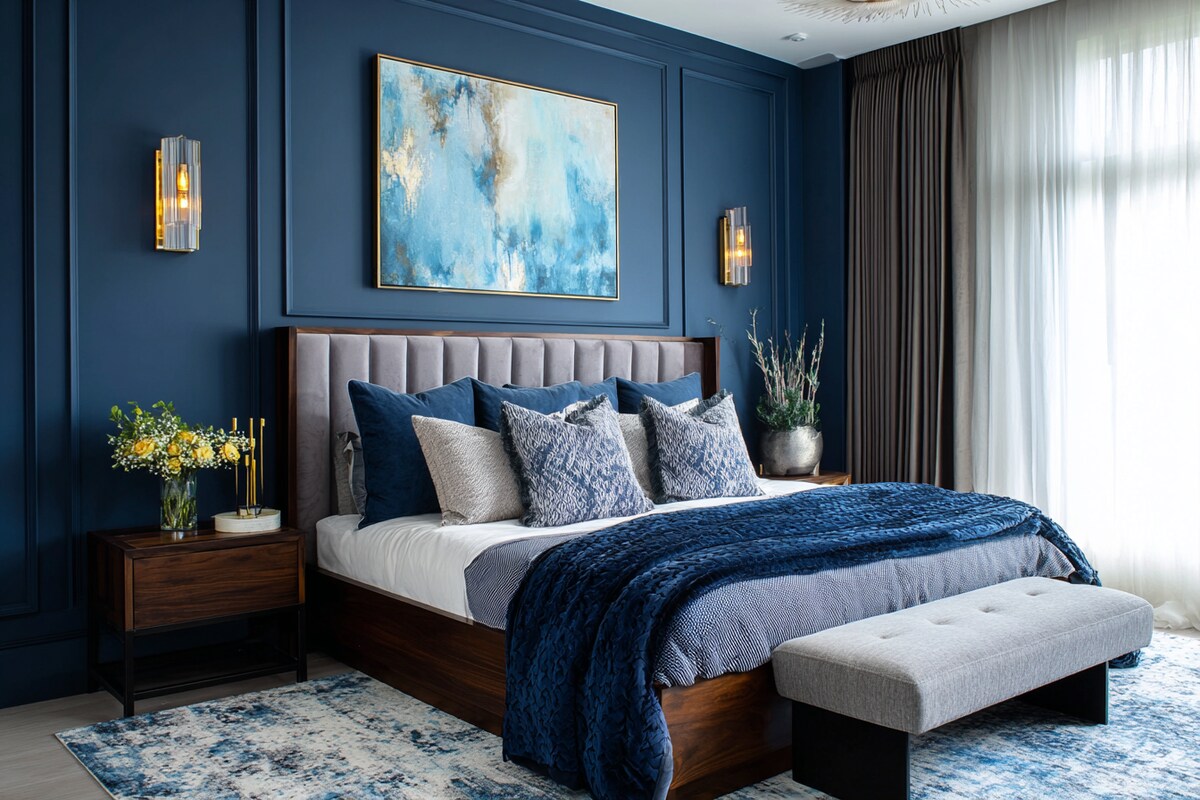 Contemporary Master Bedroom Design With Blue Accent Wall With Wall Trims
