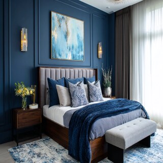 Contemporary Master Bedroom Design With Blue Accent Wall With Wall Trims