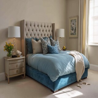 Contemporary Master Bedroom Design With Blue Upholstered Bed And Beige Headboard