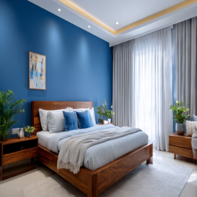 Contemporary Master Bedroom Design with Bold Blue Walls and Wooden Bed
