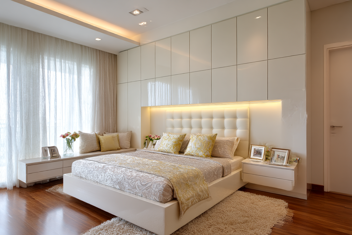 Contemporary Master Bedroom Design with Built-In Wardrobe and Floating ...