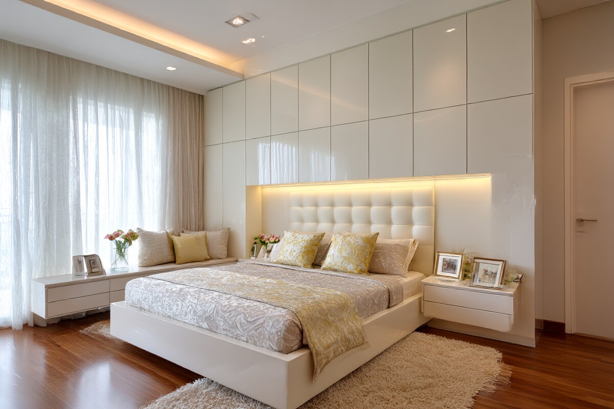 Contemporary Master Bedroom Design with Built-In Wardrobe and Floating Bedside Tables