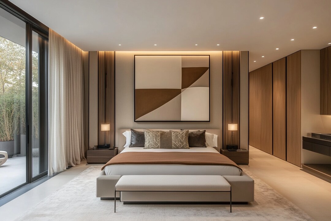 Contemporary Master Bedroom Design with Geometric Art and Vertical ...