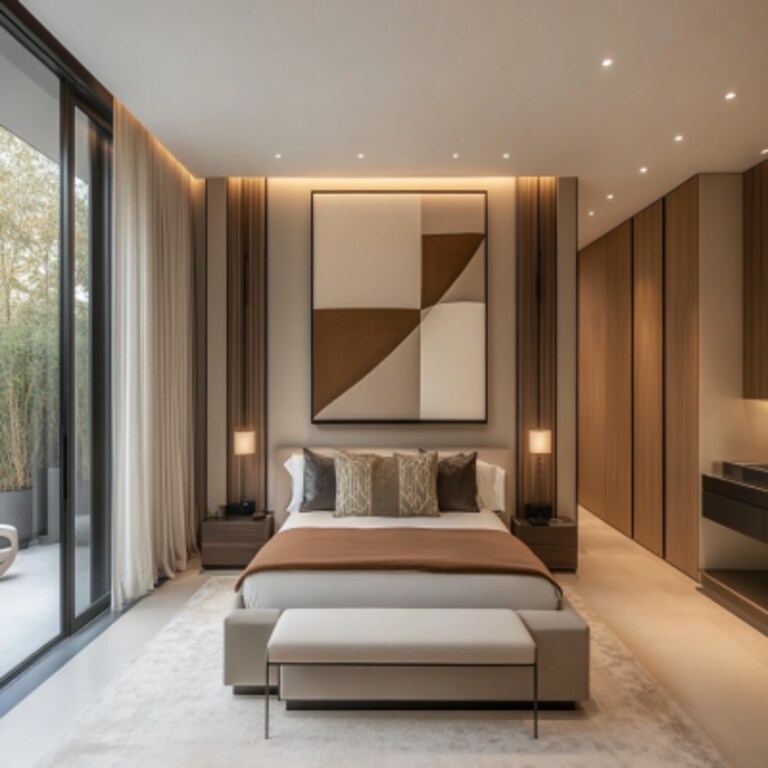 Contemporary Master Bedroom Design with Geometric Art and Vertical Panelling