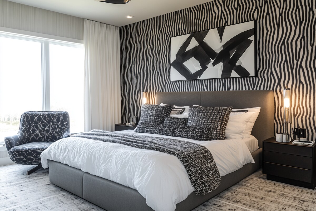 Contemporary Master Bedroom Design with Geometric Wall