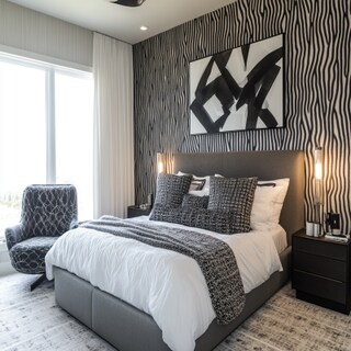 Contemporary Master Bedroom Design with Geometric Wall