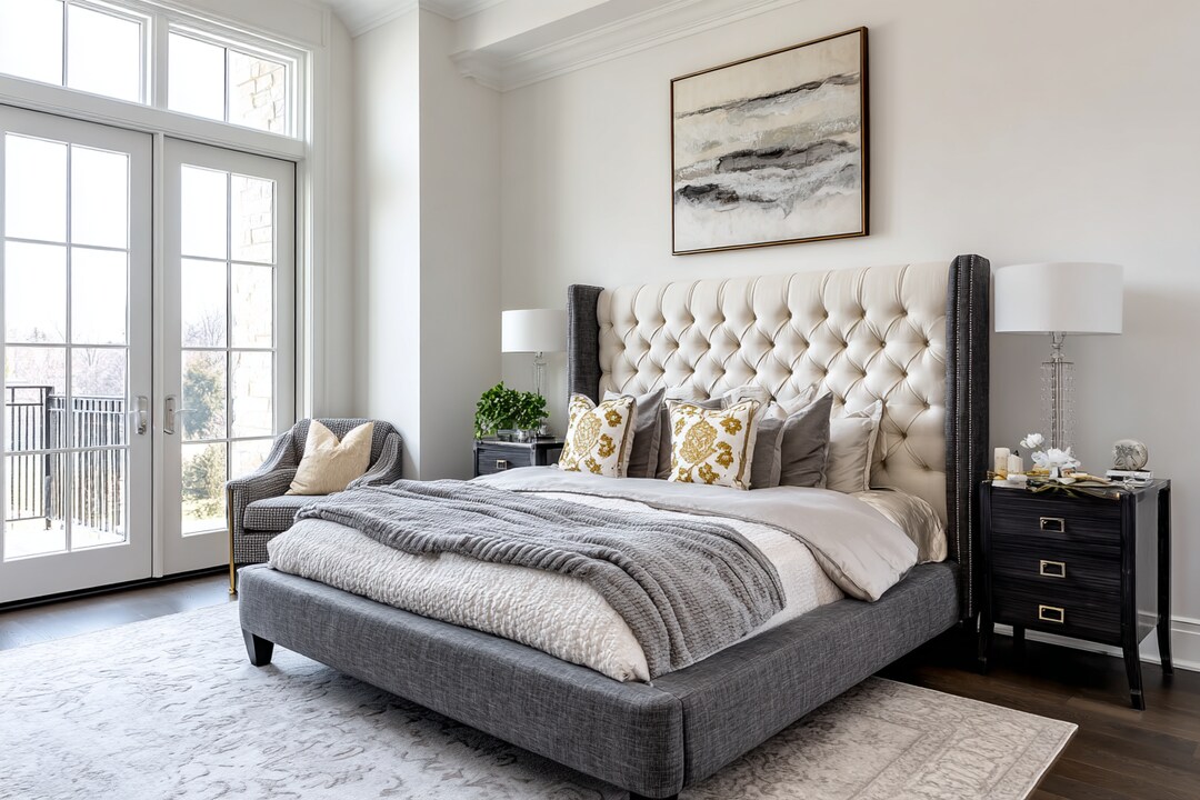 Contemporary Master Bedroom Design With Grey Upholstered Bed And Cream ...