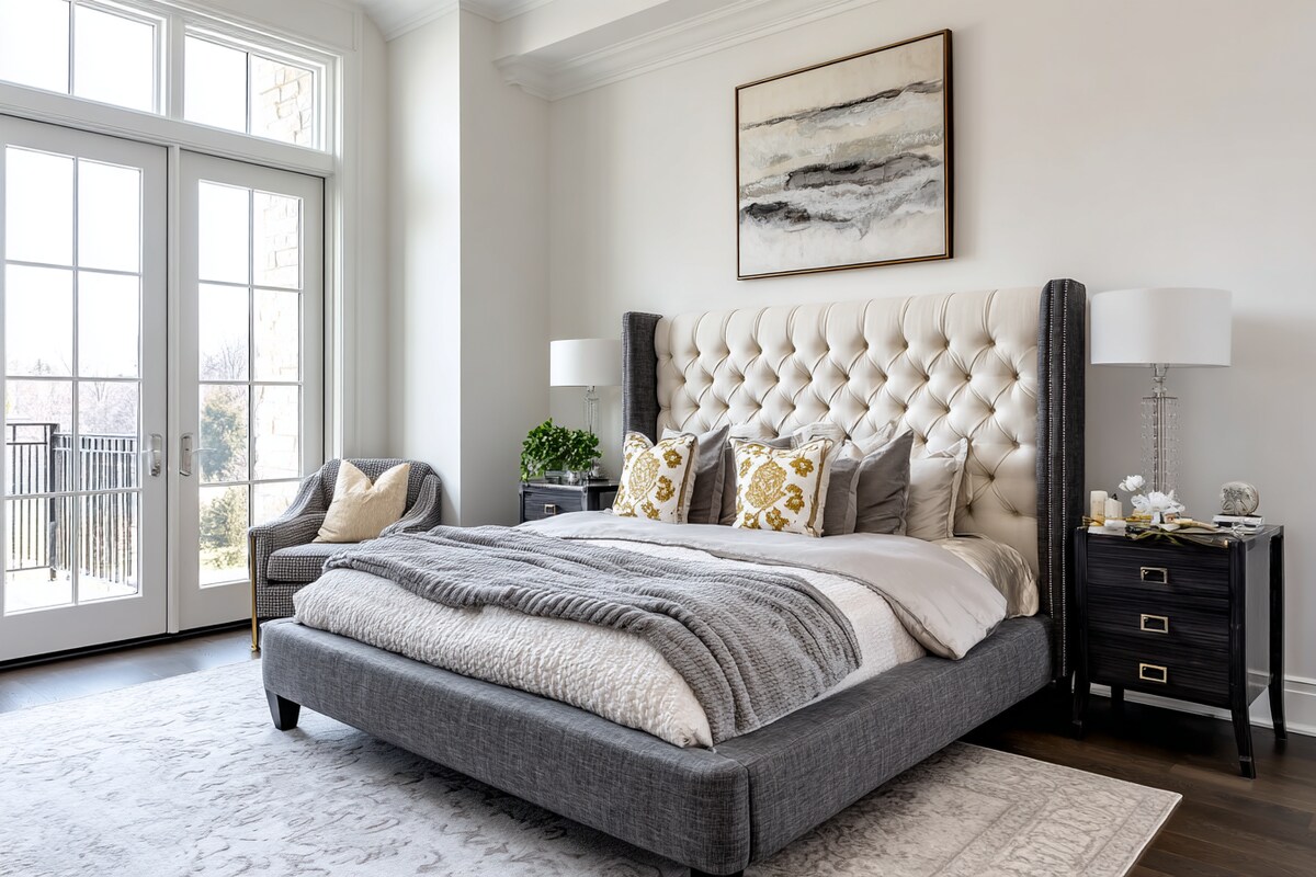 Contemporary Master Bedroom Design With Grey Upholstered Bed And Cream Tufted Headboard Contemporary Master Bedroom Design With Grey Upholstered Bed And Cream Tufted Headboard