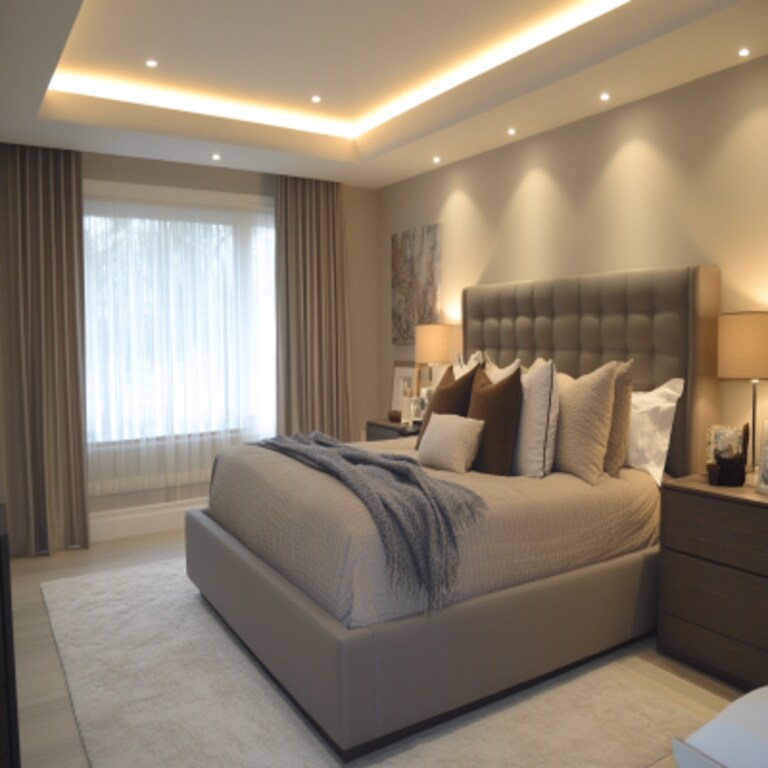 Contemporary Master Bedroom Design with Grey Upholstered Bed