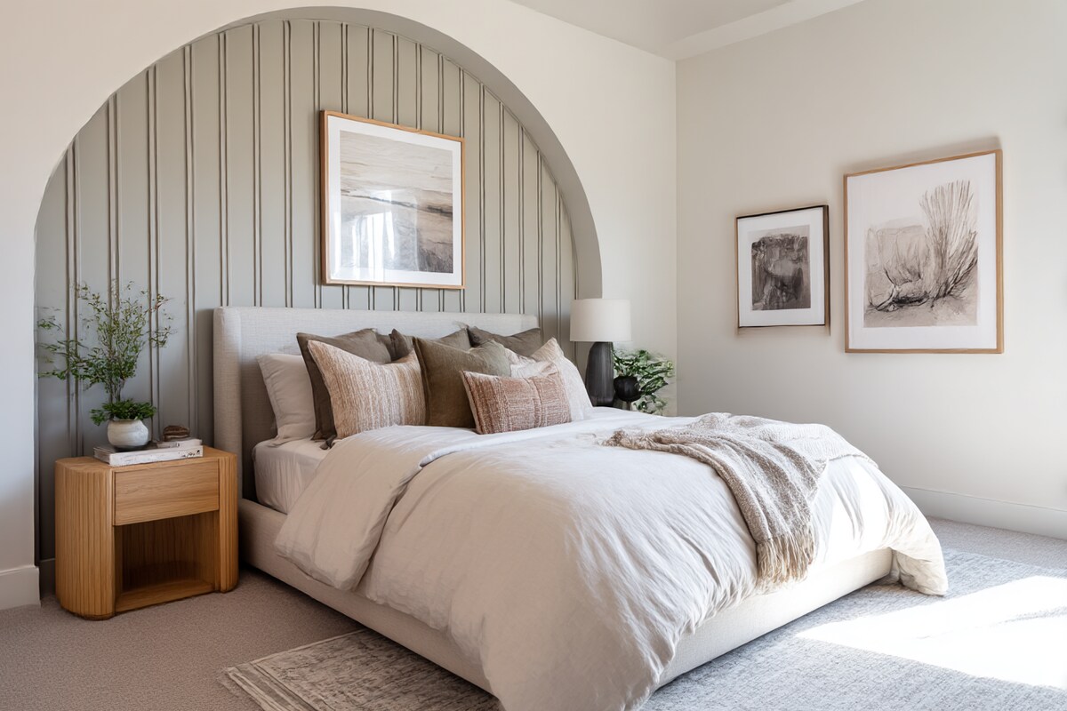 Contemporary Master Bedroom Design with King Bed and Arched Panel Wall Art